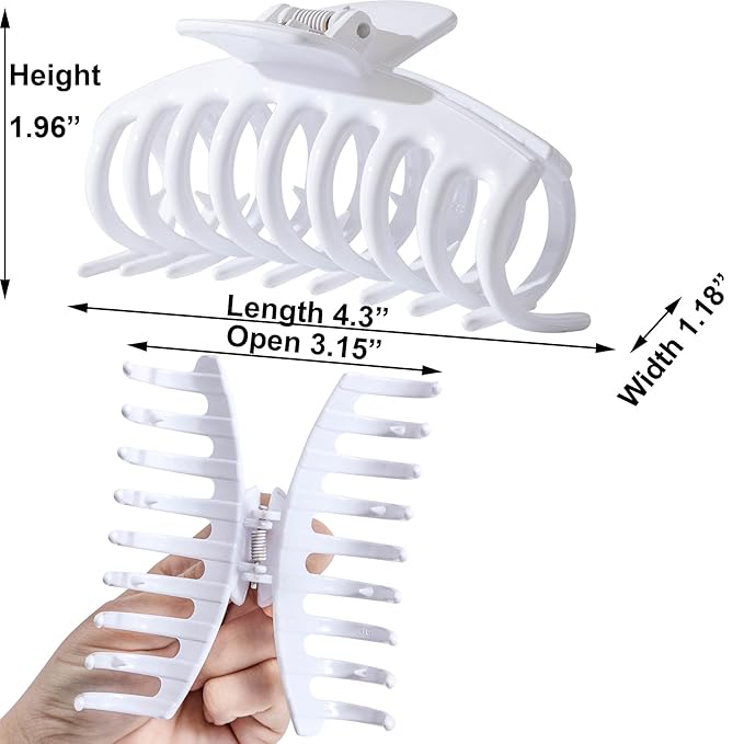Solid White Large Hair Claw Clips for Thick/Fine/Thin Hair,Strong holding teeth interlocking Women Jaw Clips for Hair 3 Count In set(White)