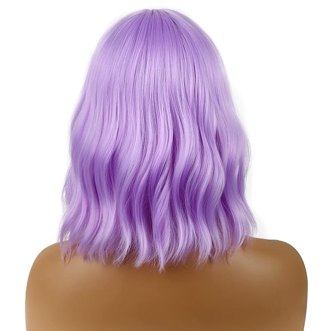 Short Bob Wigs with Bangs for Women Loose Wavy Wig Curly Wavy Shoulder Length Bob Synthetic Cosplay Wig for Girl Colorful Costume Wigs (Purple)