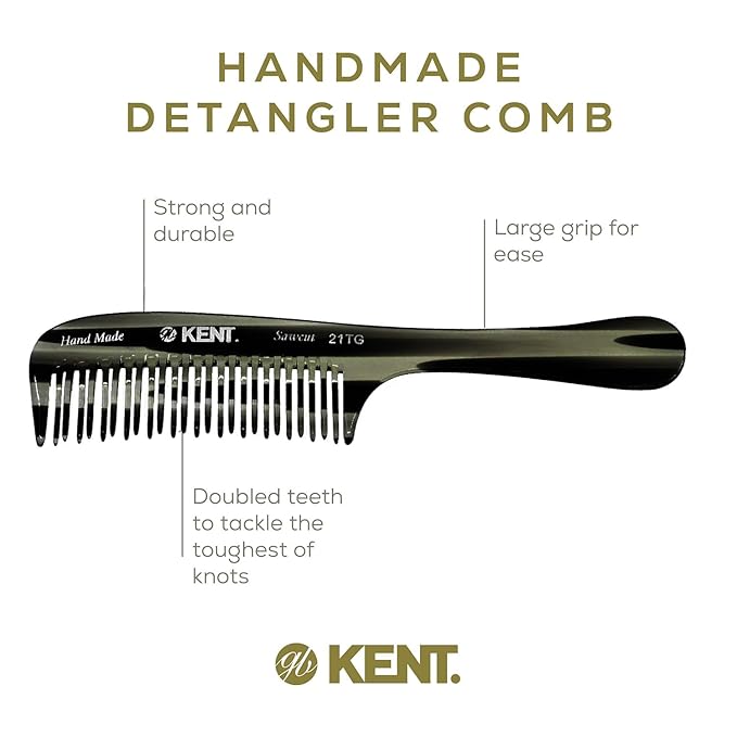 Kent 21T Black Graphite Large Detangling Comb, Wide Teeth for Thick Curly Wavy Hair. Long Hair Detangler Comb For Wet and Dry. Handmade of Quality Cellulose, Saw-Cut Hand Polished, Made in England