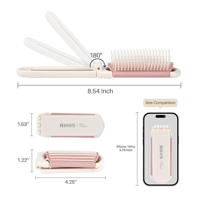 RHOS Folding Brush with Mirror for Women, Girls - Mini Hair Brush for Purse, Small Pocket Brush with Soft Nylon Bristles and Mirror for Travel (Beige)