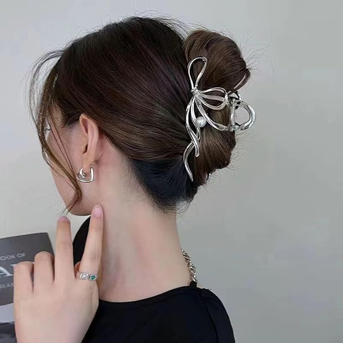 Metal Bow Hair Clips Bow Hair Claw Clips with Pearl Large Bowknot Claw Clip Strong Hold Nonslip Hair Jaw Clip for Thin Thick Hair Stylish Hair Accessories for Women Silver