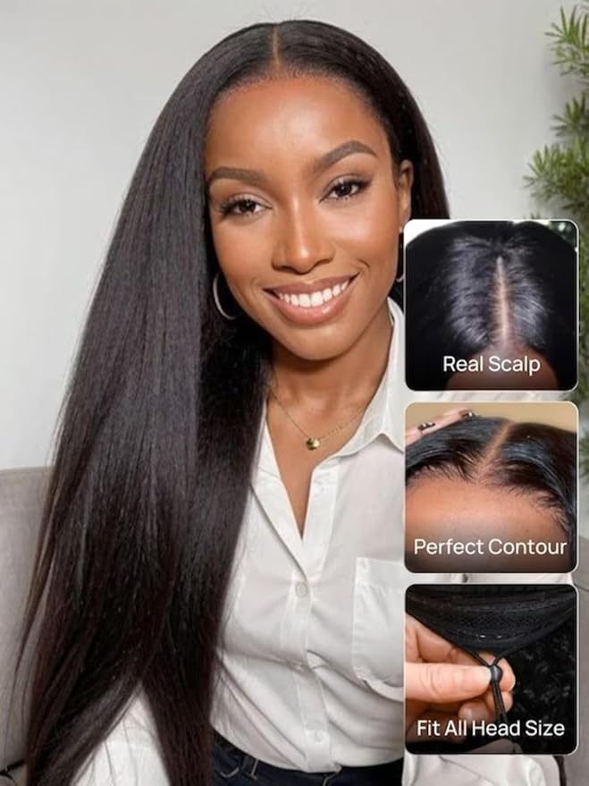 YIROO EasiContour V Part Wigs Human Hair Yaki Straight Human Hair Wigs No Leave Out Glueless Upgraded U Part Wigs for Women V Shape Clip in Vpart Wig No Sew in No Glue Beginner Friendly 16 inch