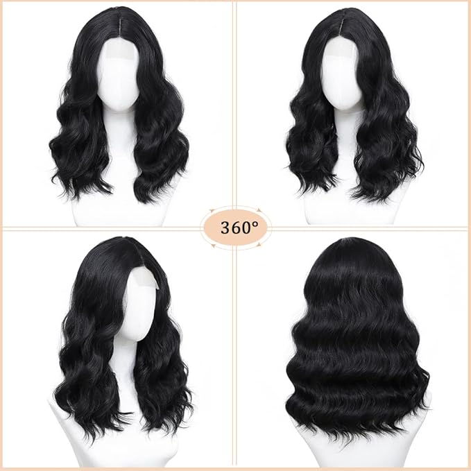 Black Wig for Women, 18 Inch Middle Part Wavy Curly Wigs Synthetic Heat Resistant Soft deep wave Wig for Women Daily Use (Black, 18 Inch)