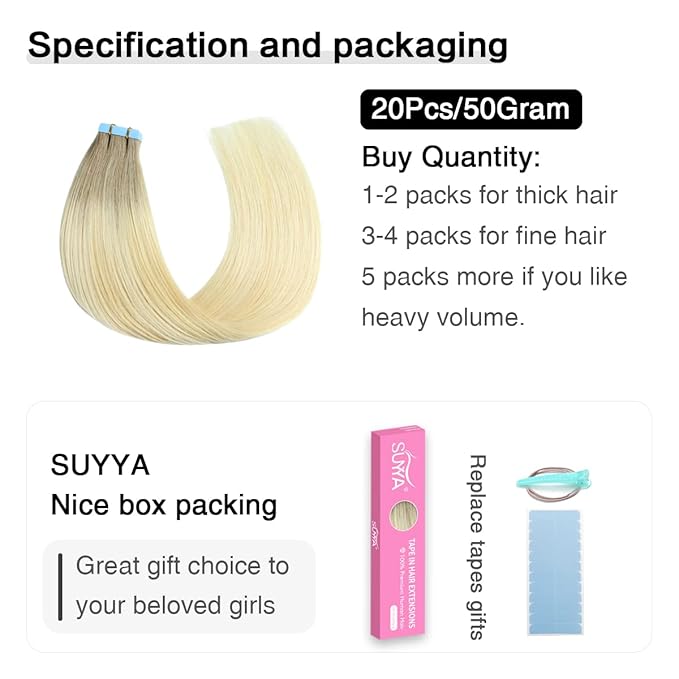 SUYYA Tape in Hair Extensions Human Hair Balayage Ash Blonde to Medium Blonde and Platinum Blonde 20 Inch 50g/pack 20pcs Straight Seamless Skin Weft Tape in Real Hair Extensions(20inch #P22/60/T18)