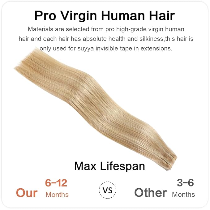 SUYYA Invisible Tape in Hair Extensions Human Hair Seamless Injected Hand-Tied Pro Quality Virgin Human Hair Tape Ins Ash Blonde Highlighted Bleach Blonde 20PCS 50G/Pack Straight(18 inch #P18/613)