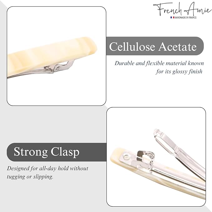 French Amie Long and Thin Large 4" Handmade Celluloid Hair Barrette Clip for Girls Automatic Strong Hold Hair Clips for Women No Slip Durable Paris Hair Accessories, Made in France (Cream Nougat)