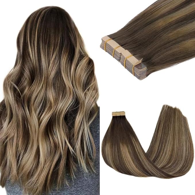 GOO GOO Tape in Hair Extensions Human Hair, 4/26/4 Balayage Chocolate Brown to Honey Blonde, 26inch 120g 40pcs, Skin Weft Seamless Invisible, Silky Straight with Thick Ends, Remy Human Hair