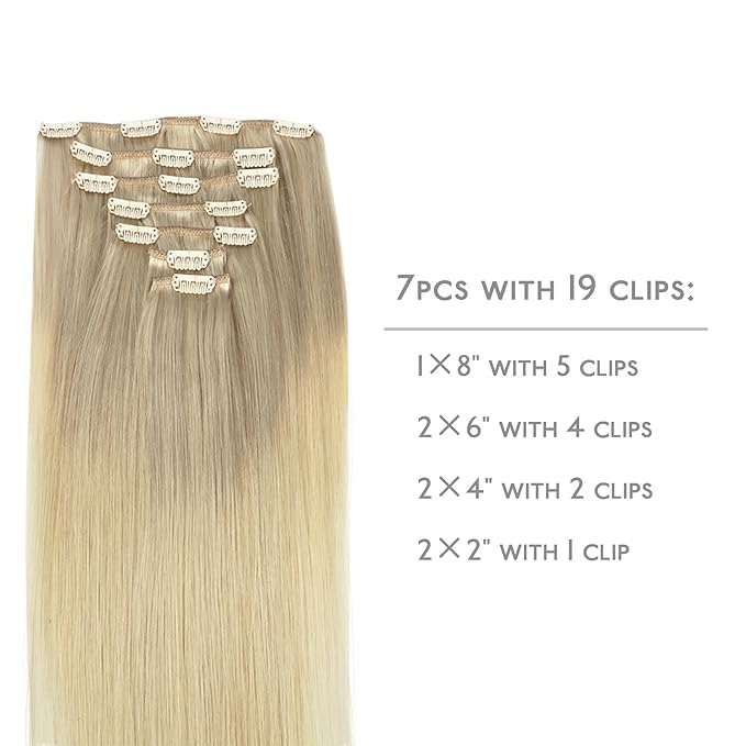 WENNALIFE Hair Extensions Clip In, 24 Inch 120g 7pcs Clip in Hair Extensions Real Human Hair Ombre Ash Blonde to Golden Blonde Balayage Platinum Blonde Clip In Real Hair Extensions