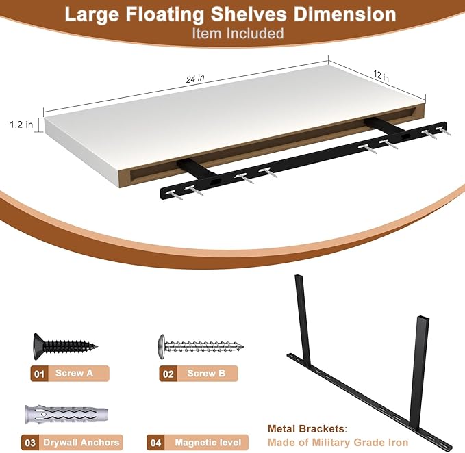 12 Inch Deep Floating Shelves for Wall 2 Pack White Floating Shelves Large Storage Space Wall Mount Shelf for Living Room Kitchen Bathroom 24" W x 12" D x 1.2" White