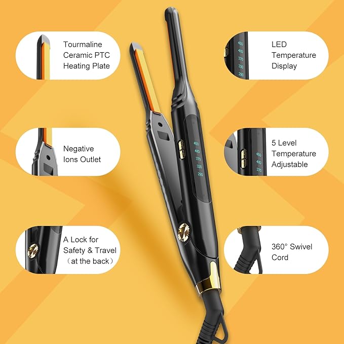 Small Flat Iron 3/10'' Mini Flat Irons for Short Hair,Pixie Cut & Bangs,Pencil Hair Straightener for Edges with LED Display,Travel Hair Straightener with Dual Voltage,Auto Shut Off（Orange）