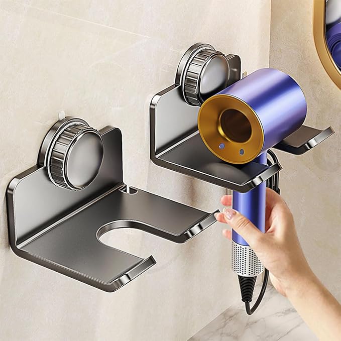 DBlosp Universal Hair Dryer Holder, Metal Suction Hair Tool Organizer Blow Dryer Holder Hair Dryer Holder Wall Mount with Plug&Cord Organizer (Black)