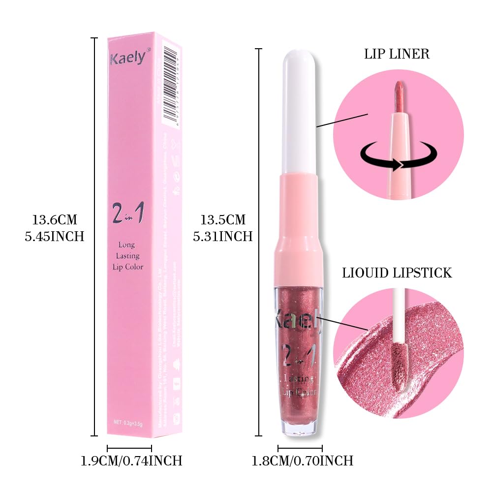 Kaely 2-in-1 Mauve Metallic Lipstick and Lip Liner, Shimmer Liquid Metallic Lipsticks for Women, Glitter Lip Gloss Stain Long Lasting Waterproof Smudge Proof 24 Hour, Vegan Makeup, 16