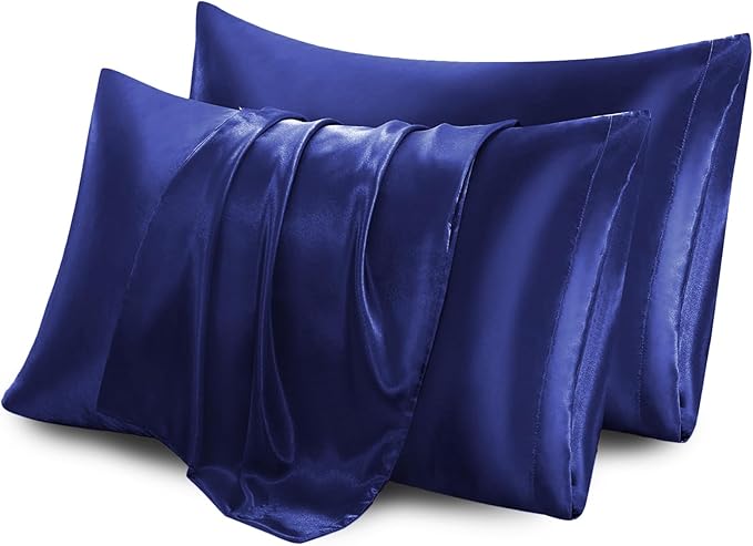 Aormenzy Satin Pillow Cases for Women King Size Set of 2, Navy Blue Satin Pillowcase for Hair with Envelope Closure Silky Pillow Covers Wrinkle, Fade Resistant (20x40 Inches)