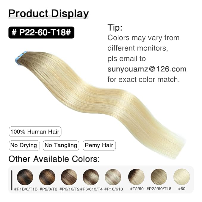 SUYYA Tape in Hair Extensions Human Hair Balayage Ash Blonde to Medium Blonde and Platinum Blonde 20 Inch 50g/pack 20pcs Straight Seamless Skin Weft Tape in Real Hair Extensions(20inch #P22/60/T18)