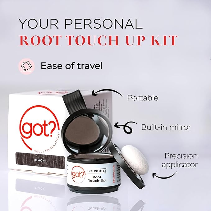 Got? Roots - Root Touch Up Hair Color, Brow, Beard, Hairline & Bald Spot Concealing Powder - Gray Root Coverage for Women & Men - 0.14 OZ Tub (Black, Pack of 1)