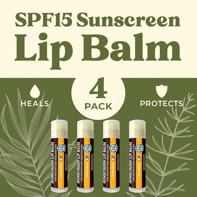 SPF Lip Balm 4-Pack by Earth's Daughter - Lip Sunscreen, SPF 15, Organic Ingredients, Citrus Flavor, Beeswax, Coconut Oil, Vitamin E - Hypoallergenic, Paraben Free, Gluten Free