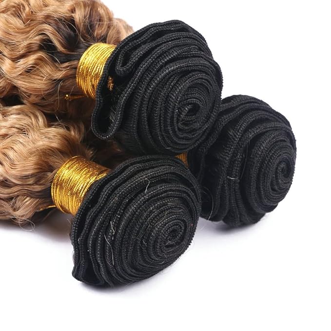 1b/27 Human Hair Bundles Ombre Blonde Deep Wave Bundle Brazilian Virgin Soft and Silky Remy Hair 3 Bundles 12 14 16 Inch Double Weft 2 Tone Black and Honey Blonde Bundle 150g