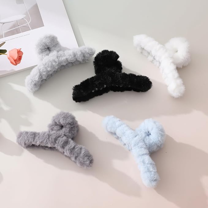 5PCS Large Claw Hair Clips for Thick Hair Big Fuzzy Hair Clips for Women Nonslip Strong Hold Hair Claw Clip (Blue)