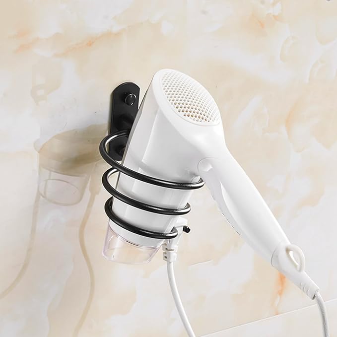 YWHWXB Hair Dryer Holder,Wall Mounted Spiral Hair Dryer Shelf,Bathroom Stainless Steel Hair Dryer Bracket,Self-Adhesive Hair Dryer Storage Rack (Black)