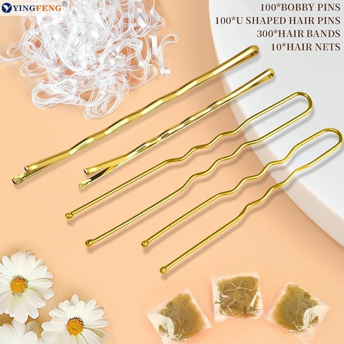 510PCS Blonde Bobby Pins Hair Pins Kit with Hair Net, YINGFENG Includes 100 Bobby Pins for Women, 100 U Shaped Buns Hair Clips, 300 Hair Bands and 10 Blonde Hair Nets, Dance competition must haves