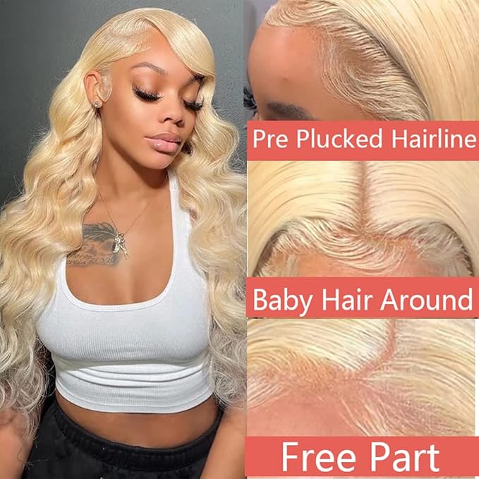 613 Blonde Human Hair Wigs 13X6 HD Transparent Lace Front Body Wave Wigs with Baby Hair for Black Women Pre Plucked Brazilian Virgin Hair Wig 180% Density 26 Inch
