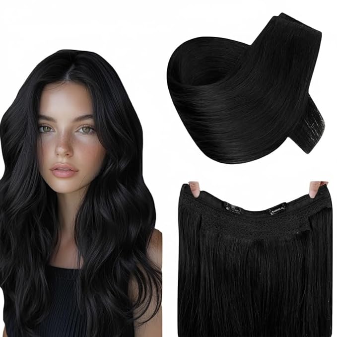 RUNATURE Invisible Wire Hair Extensions Real Human Hair Jet Black, 20 Inch One Piece 100g, Fish Line Hair Extensions Straight Soft Hair, Natural Looking #1 Jet Black
