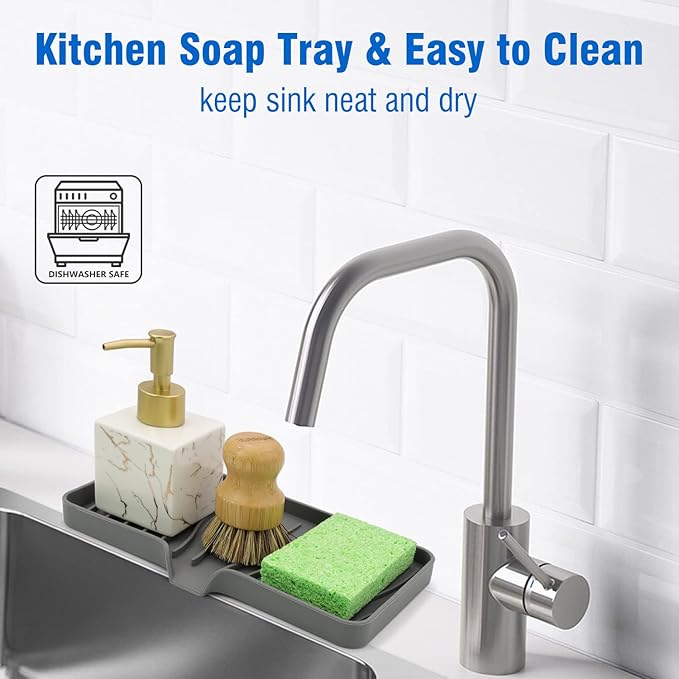 3-Pack Silicone Soap Dish, Sponge Holder for Sink, Kitchen Soap Tray, Bathroom Soap Holder, Sponge Tray with Drain (Grey)