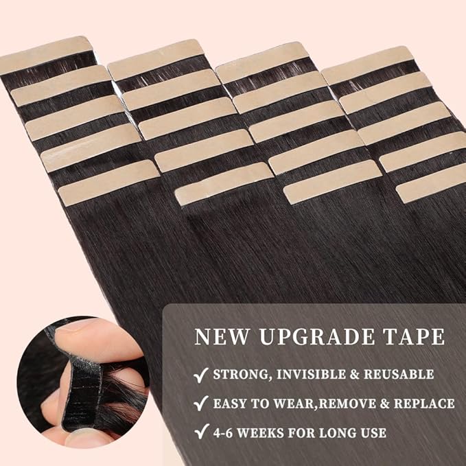 Tape in Hair Extensions Real Human Hair 24 Inch Natural Black Double Sided Tape for Skin Weft Hair Extension Invisible Tape in Hair Extensions Straight Remy Human Hair for Women 20pcs(1B#,24 Inch)