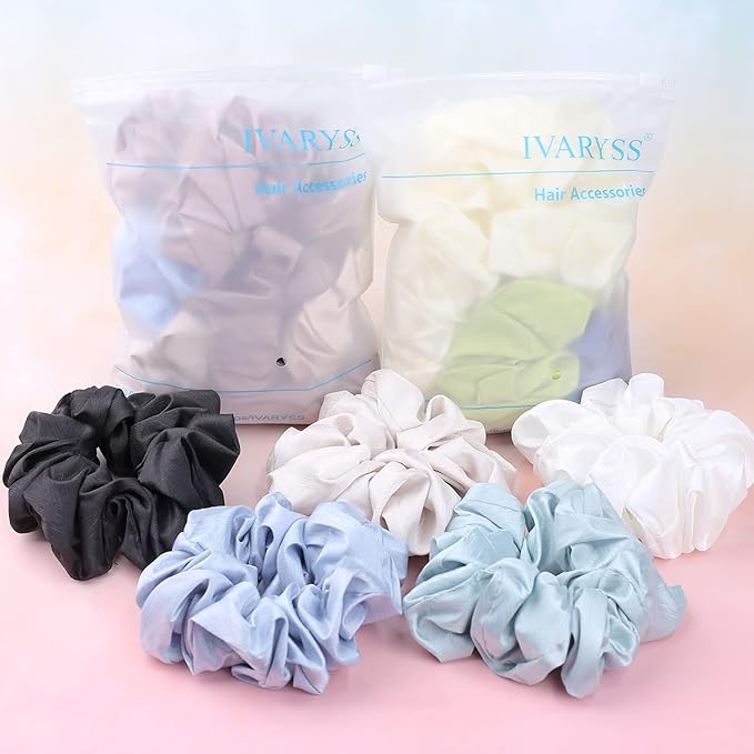IVARYSS Big Scrunchies for Women Thick Hair, Premium Satin Softer than Silk, XL 6 Inch Extra Large Scrunchy Elastic Hair Bands Accessories, 6 Pack, Multi