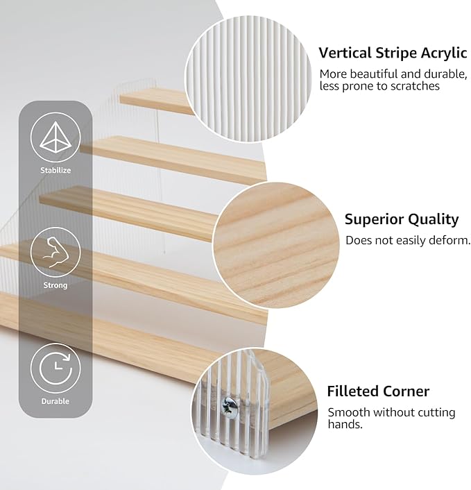 nianfeng Tiered Spice Rack, 5-Tier Spice Pantry Kitchen Cabinet Organizer, 16-Inch, Natural Wood Acrylic Stair Riser Stand, Countertop Seasoning Shelf