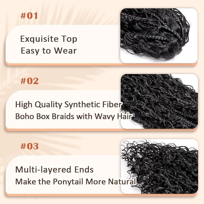 Drawstring Ponytail for Women 18 inch Boho Box Braids with Long Wavy Hair Clip in Ponytail Extension Synthetic Hair Extensions Ponytail for Daily Use (1B#, 18 Inch)