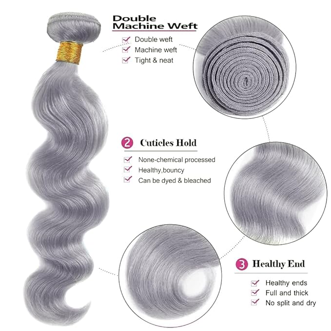Silver Bundle Human Hair Grey Body Wave Bundles Niegmeag Brazilian Virgin Remy Hair 3 Bundles 24 26 28 Inch Double Weft Soft And Silky Gray Body Wave Bundle