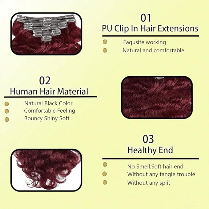 Clip in Hair Extensions Real Human Hair Body Wave 99J Burgundy Clip in 100% Brazilian Remy Human Hair Extensions 8pcs Per Set with 18 Clips Double Weft 20 Inch 105g/3.6oz
