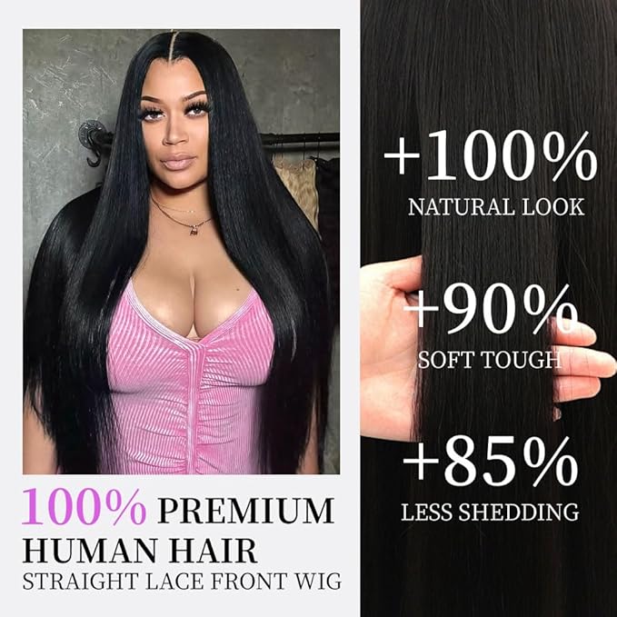 34 Inch Straight Wigs Human Hair 13x6 Real Virgin Human Wig 200 Density HD Lace Frontal Wigs Human Hair Pre Plucked Can Last 6-9 Months Tangle-Free Natural Black for Women