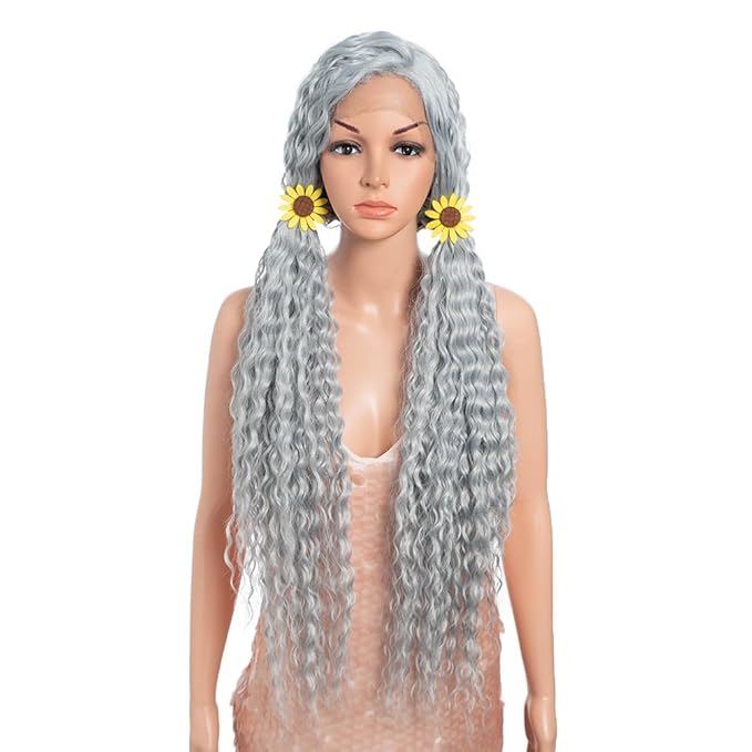 Style Icon 36”Super Long Curly Wig C-Shaped Side Part Lace Wig Afro Baby Hair Synthetic Blue Wig （36 Inches, GBLUE12 ）