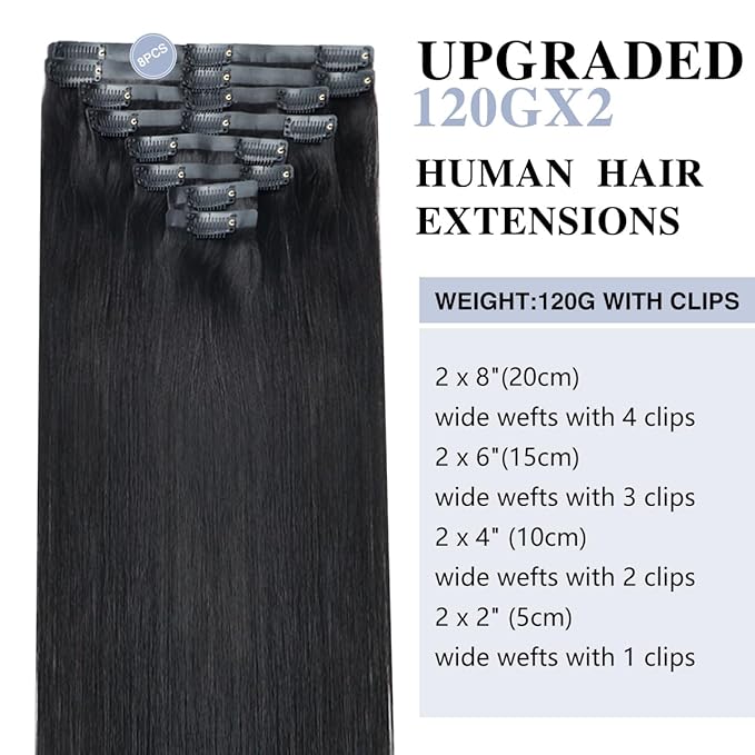 Straight Clip in Hair Extensions Real Human Hair 2 Pack 240g Seamless Clip in Hair Extensions for Women Full Max with 16Pcs PU Skin Weft 16inch Natural Black