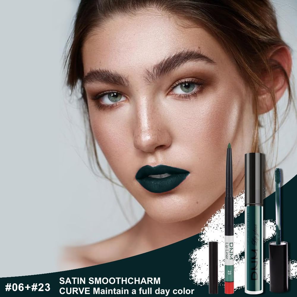 evpct 2Pcs Matte Dark Green Lipstick and Lip Liner Gloss Makeup Set matt Matte Liquid Lipstick Long Lasting Set 24H and with Lip Liner 23#