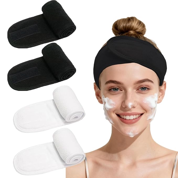 4 Pack Adjustable Makeup Headbands – Non-Slip Spa & Facial Hair Wrap, Washable Headband for Shower, Yoga, Gym, Salon & Home Use (Fits All),HZFD-BC
