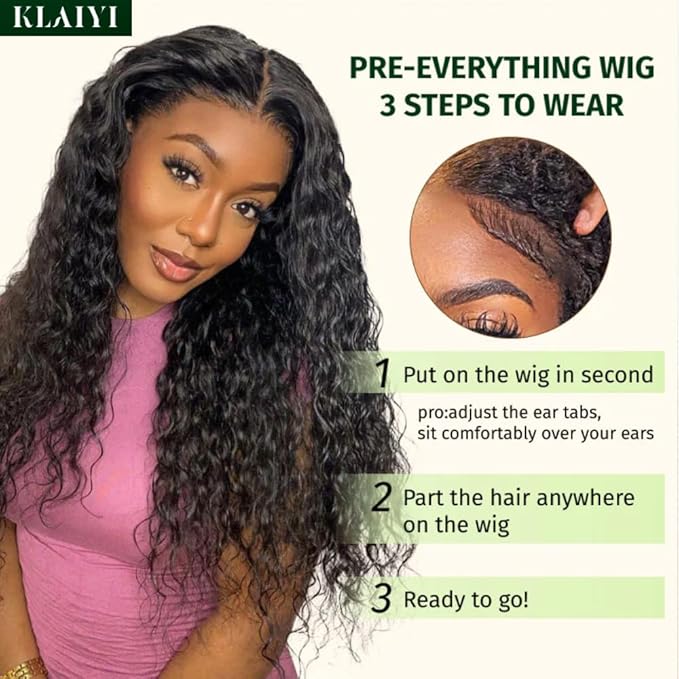 KLAIYI Pre Everything 13x4 Glueless Lace Front Wig Human Hair Water Wave Bye Bye Knots Put On and Go Wig Pre Cut Lace Pre Bleached Pre Plucked 30S Easy To Wear Beginner Curly Wig with Baby Hair 26Inch