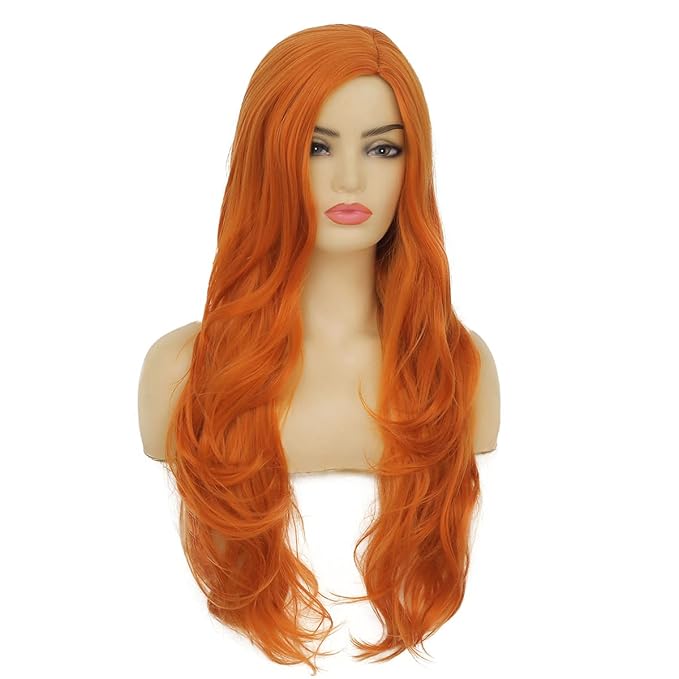 Baruisi Long Curly Wavy Orange Wigs for Women Side Part Natural Looking Synthetic Cosplay Hair Wig,Orange