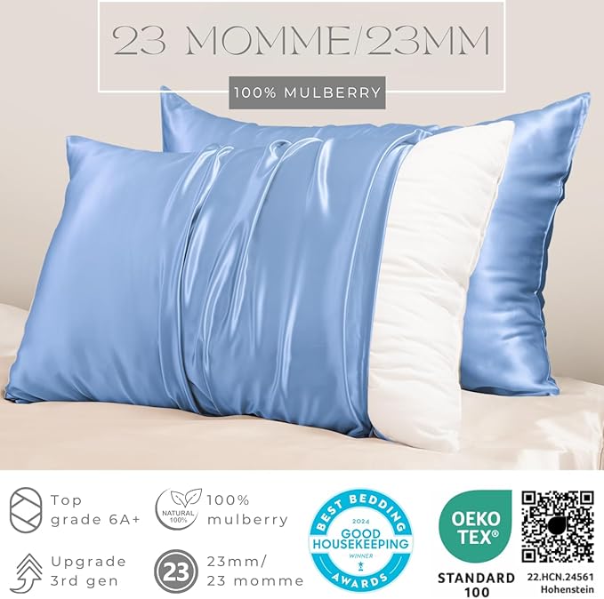 PROMEED 23 Momme Silk Pillowcase 2 Pack with Zipper, 3rd Gen Grade 6A+ 100% Mulberry Silk Pillow Case Set of 2, Cooling Pillow Cases for Hot Sleepers (King 20"x36", Light Blue)