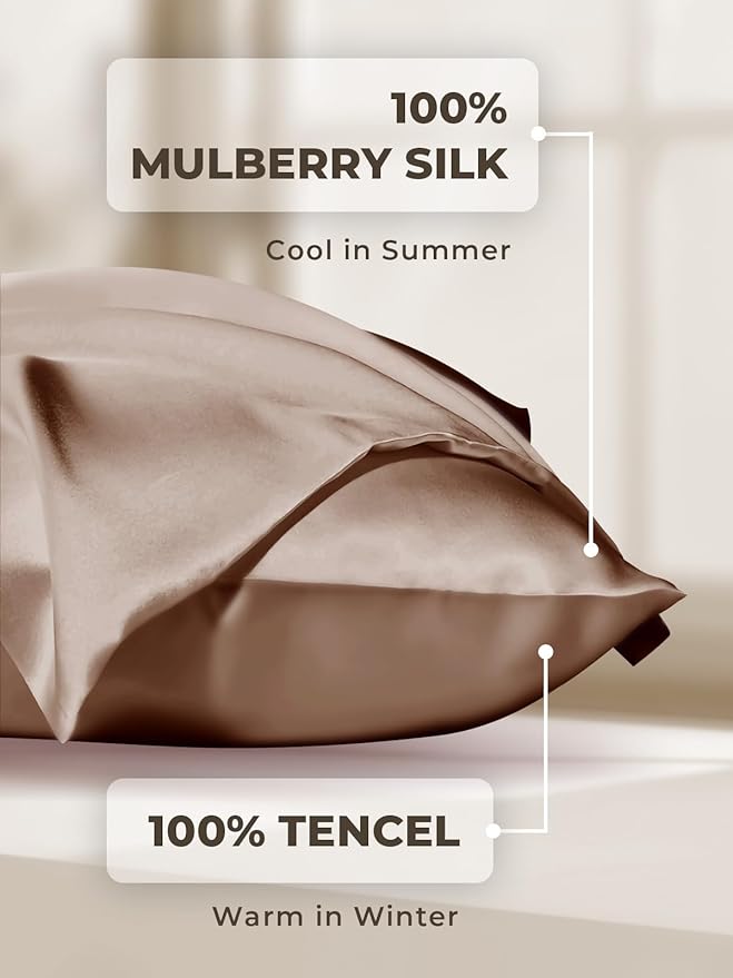 Mulberry Silk Pillowcase for Hair and Skin, SGMSILK 22 Momme Natural Silk Pillow Cases with Zipper, 6A Soft and Smooth Single Sided Pure Silk Pillow Cover (Dark Brown, King 20"x36")