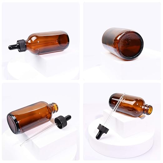12 Pack 4oz Amber Glass Bottles with Glass Eye Droppers for Essential Oils, Perfumes & Lab Chemicals (1 Brush, 2 Funnels, 2 Extra Droppers, 24 Pieces Labels & 30ml Measuring Cup Included)