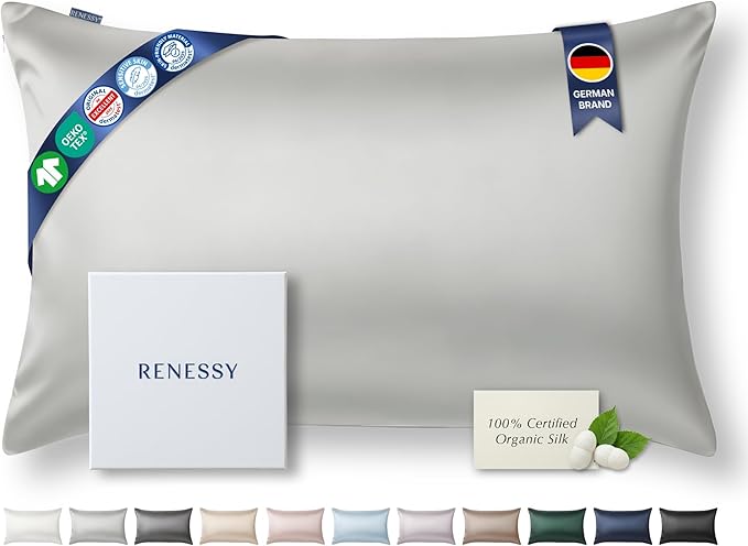 Premium Silk Pillowcase 100% Organic Mulberry Silk, 22 Momme, Grade 6A - Oeko-Tex Certified in Germany - Luxury for Hair & Skin, 1 Piece (Standard Size 20x26 Inches, Light Grey)