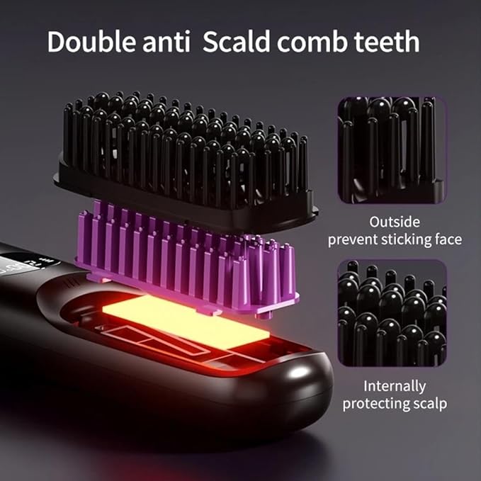 Cordless Hair Straightener Brush: Portable Rechargeable Heated Straightening Comb with LED Display & 3 Temperature Settings - Travel Hair Brush for Smooth Frizz-Free Styling (Black)