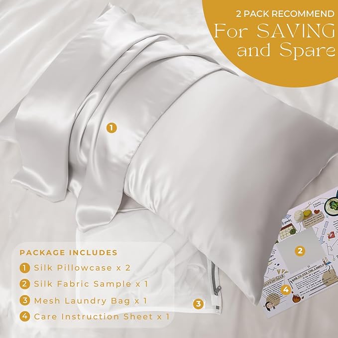 PROMEED 23 Momme Silk Pillowcase 2 Pack with Zipper, 3rd Gen Grade 6A+ 100% Mulberry Silk Pillow Case Set of 2, Cooling Pillow Cases for Hot Sleepers (Queen 20"x30", Light Grey)