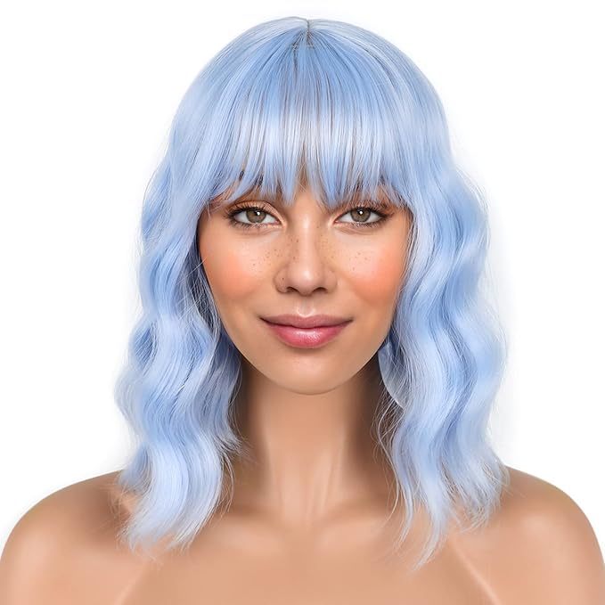 LANICE Light blue Short Bob Wigs with Bangs for Women Loose Wavy Hair Shoulder Length Wigs Synthetic Colorful Wigs for Cosplay Daily PartyUse(Light blue，12inch)