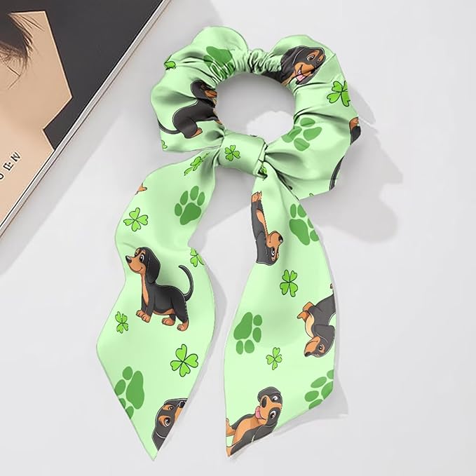 St Patricks Leaf Dachshund Hair Scarf Scrunchies for Women 2 Piece Music Note Ribbon Scrunchies for Ponytail Chic Knotted Bow No Damage Accessory