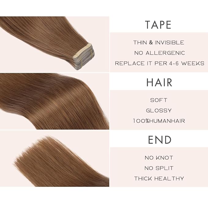 Tape Ins Human Hair 20pcs 20 Inches Hair Extensions Tape Ins for White Women Invisible Seamless Human Hair Tape In Extensions Skin Weft Medium Brown (6#)