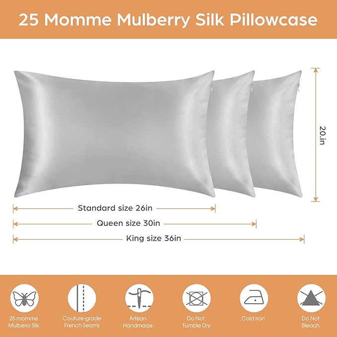 Silk Pillowcase for Hair and Skin, 2 Pack 100% Mulberry Silk Pillowcase 25 Momme, 600 Thread Count, Both Side Pure Silk Pillow Cover with Hidden Zipper (Gray, Queen 20''×30'')